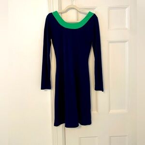 Isaac Mizrahi Target collection navy dress with Kelly green neckline trim